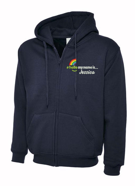 Hello My Name Is logo on a zip Hoodie Navy