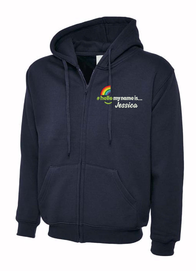 Hello My Name Is logo on a zip Hoodie Navy