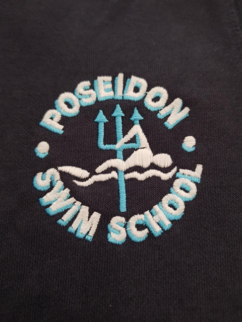 Poseidon Swim school logo on a black material